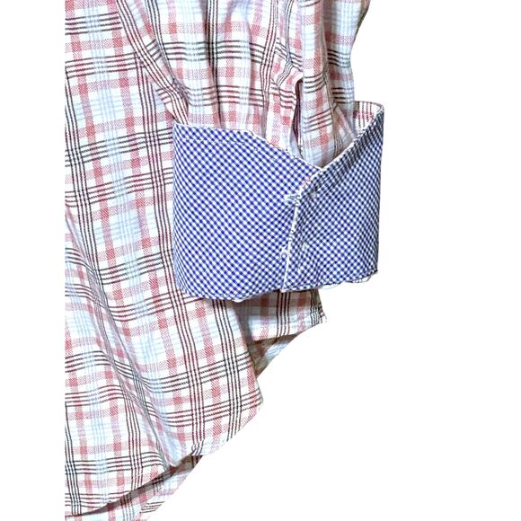 Thomas Dean Button Down Shirt Mens XL Red Blue Plaid Flip Cuff Preppy Classic - Picture 2 of 5